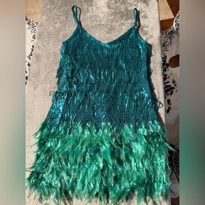 Teal Fringe & Feather Party Dress